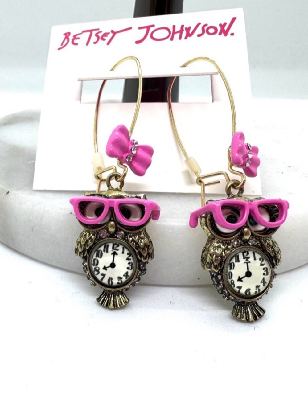 Betsey Johnson Pink Owl Watch Earrings with Gold-Tone Hoops